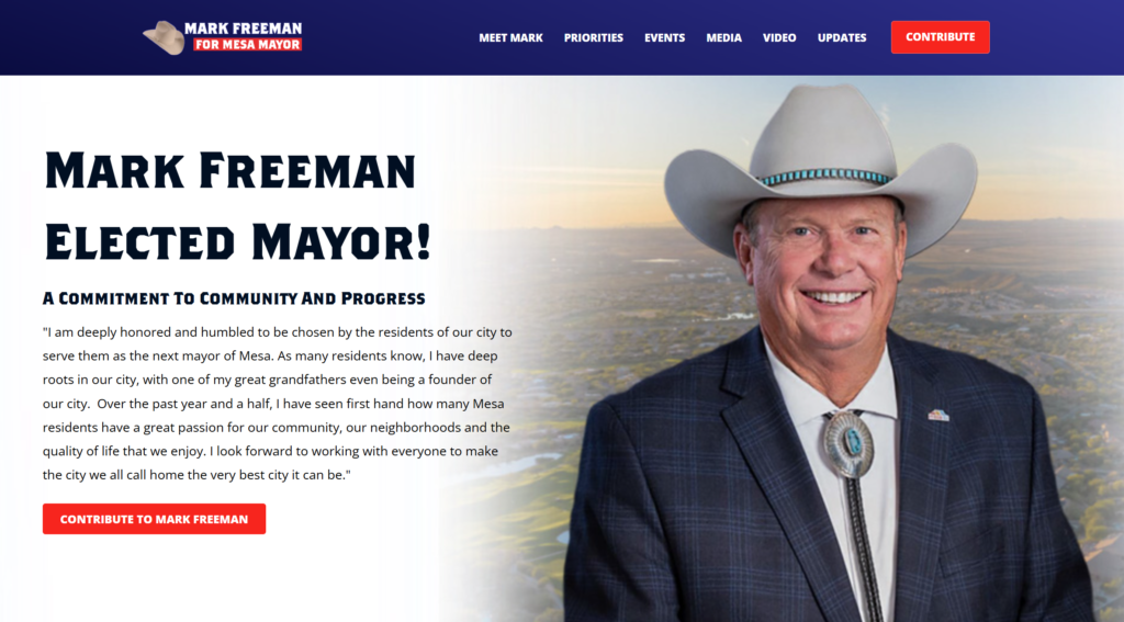 Website landing page, showing mayor of Mesa, Mark Freeman, with a cowboy hat on.